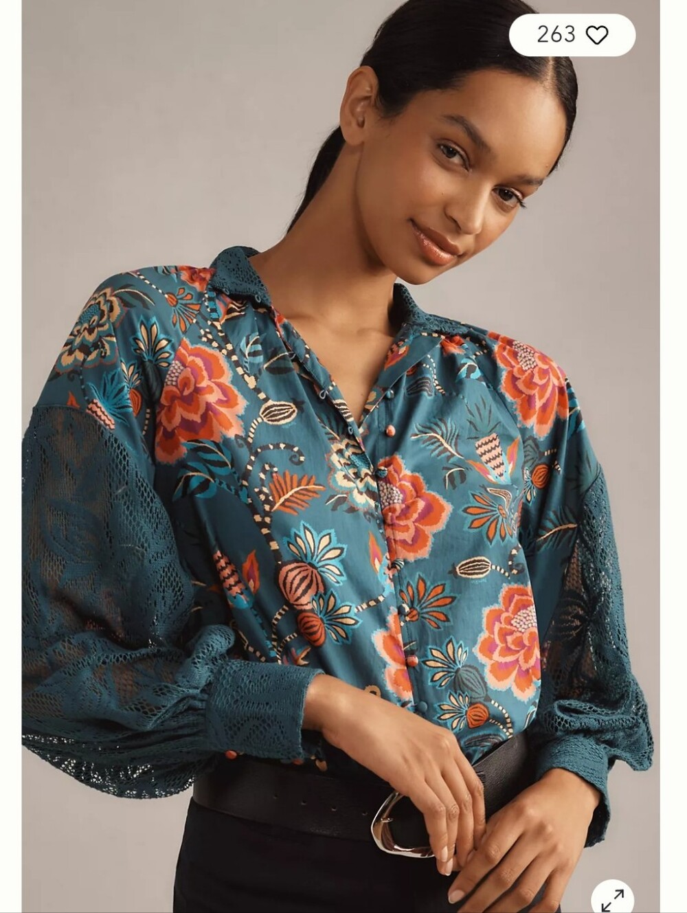 FARM Rio Teal Floral Button-Down Blouse with Lace Sleeves